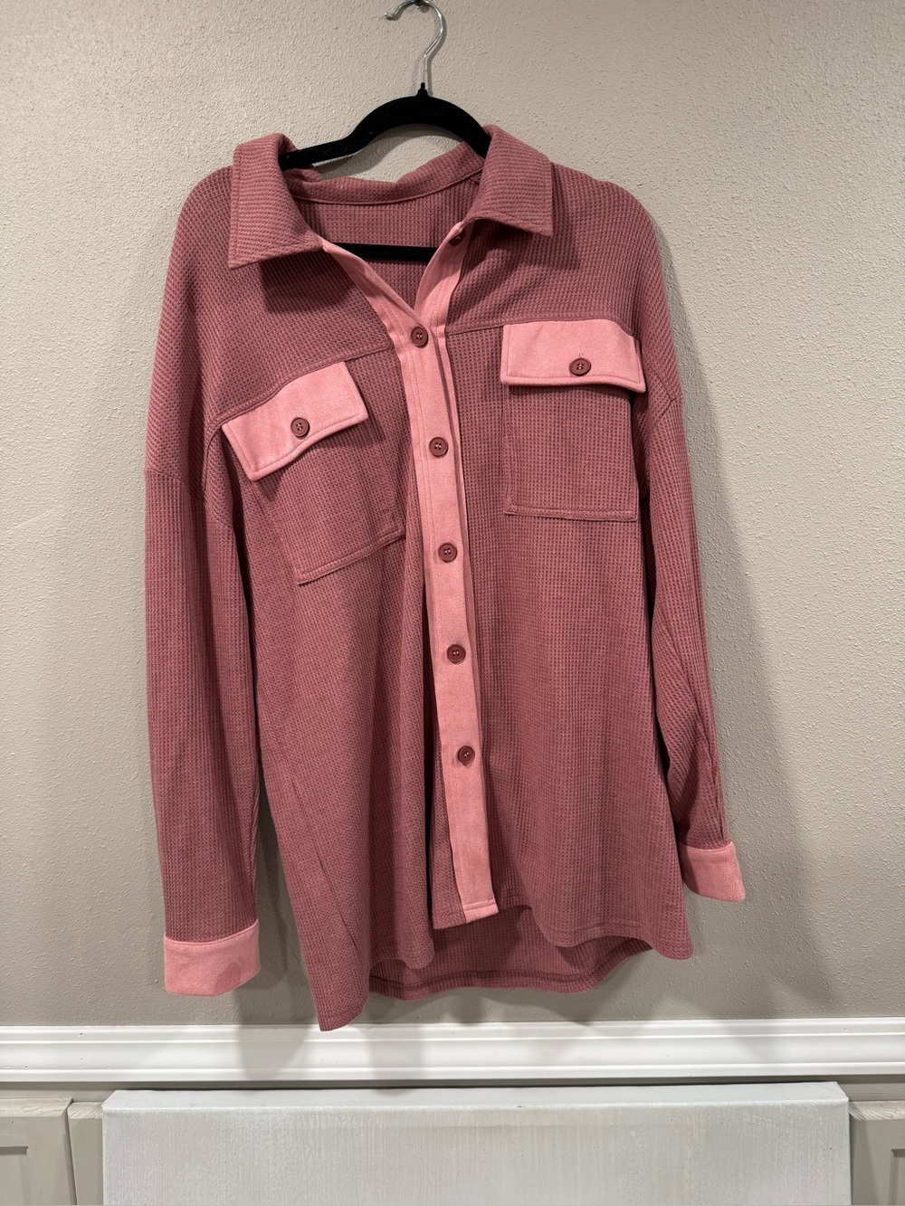 Waffle Knit Button-Up Shacket in Dusty Rose - Picture 2 of 5